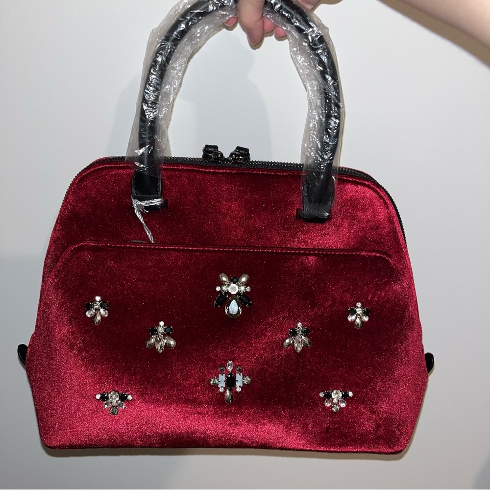 Wine Red Velvet handbag with Gems